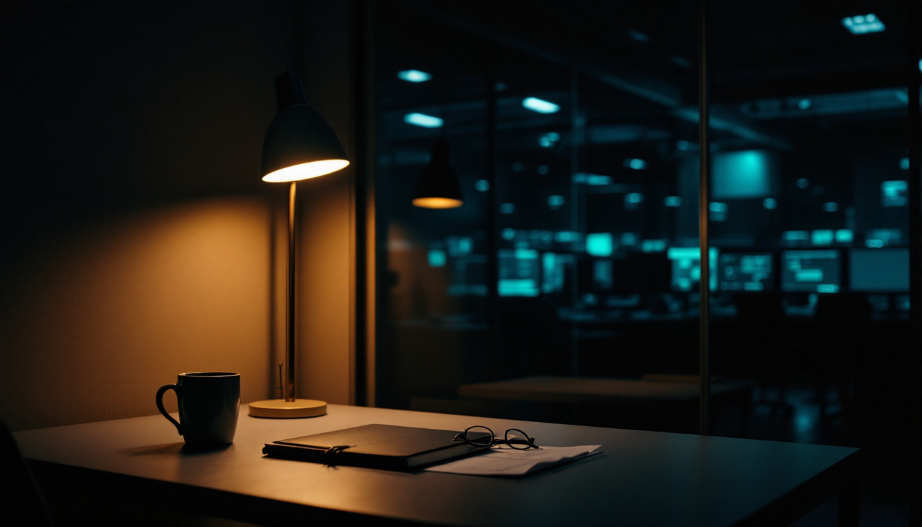 A dark operations room at night, a single desk lamp lit, a glass wall faintly reflecting rows of unattended displays.
