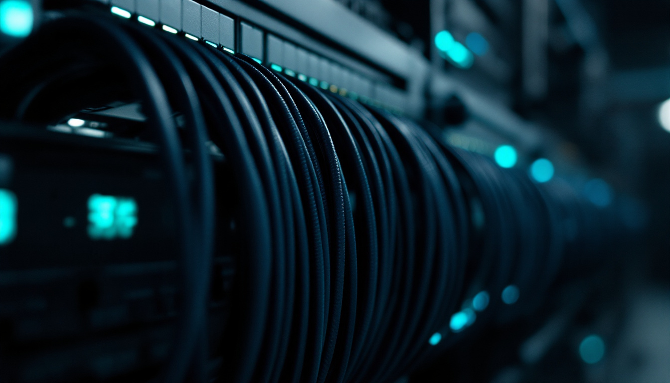A close view of a dark server rack at night, bundled fiber runs catching a thin teal light, status indicators out of focus behind.