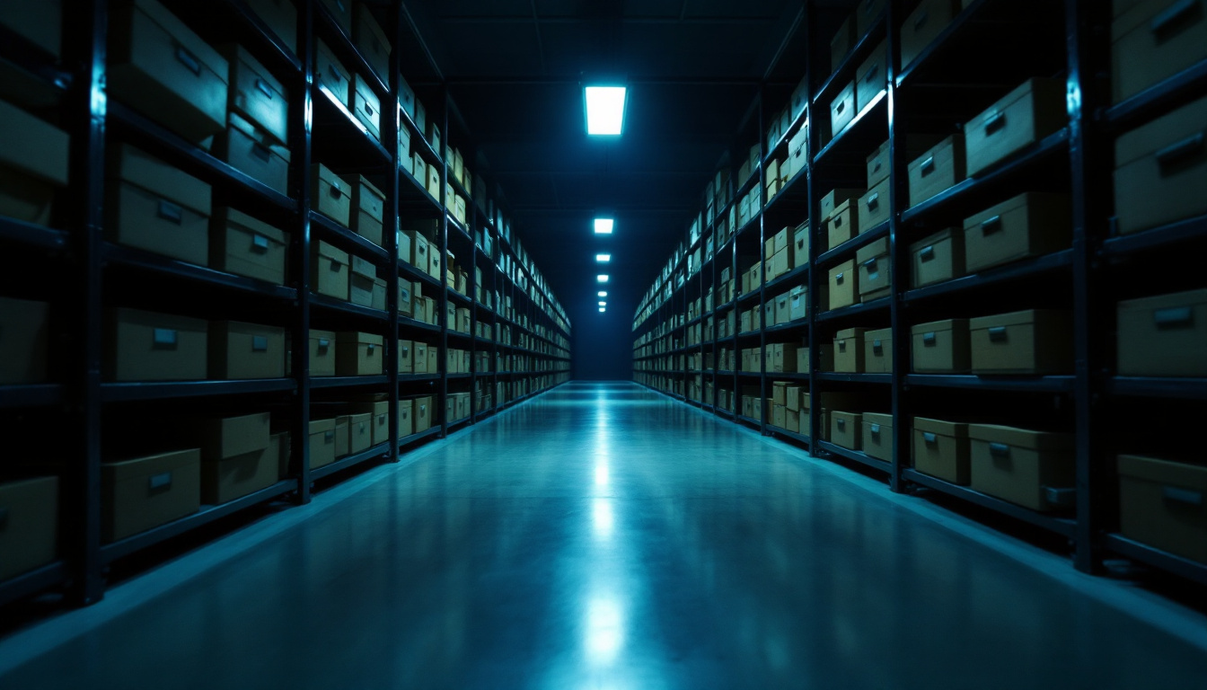 A modern records archive at night, long rows of dark shelving with document boxes, one row lit from above.