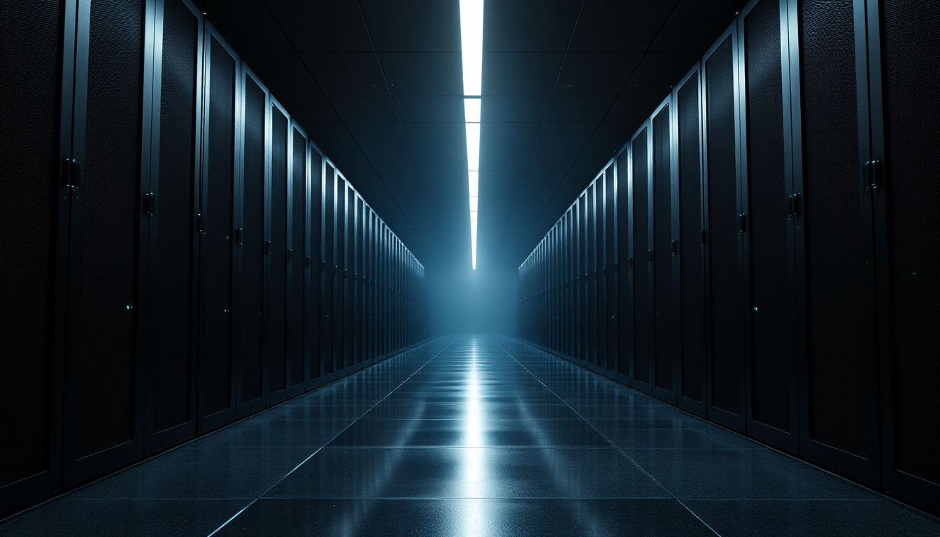 A dark server hall at night, a single aisle lit from above, rows of racks receding into black with small status lights along them.