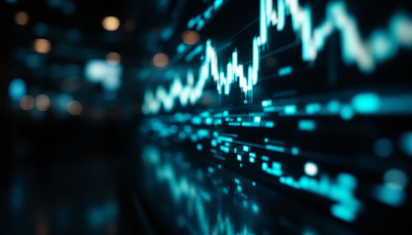 A dark operations wall of financial displays showing dense price curves and tabular data, out of focus, teal light on glass.